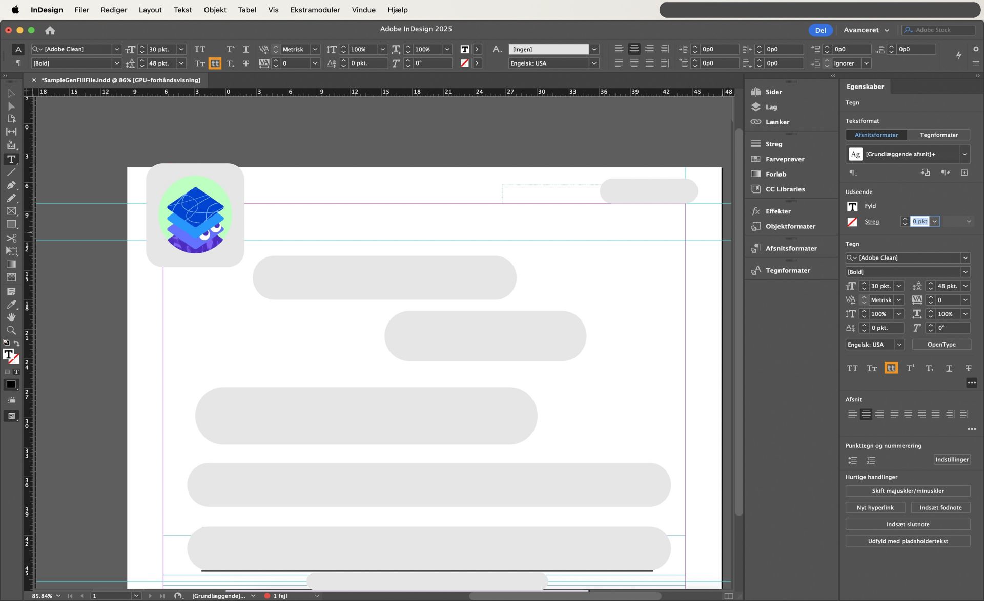 Indstillingen Kapitæler er fremhævet i panelet Egenskaber og Kontrol