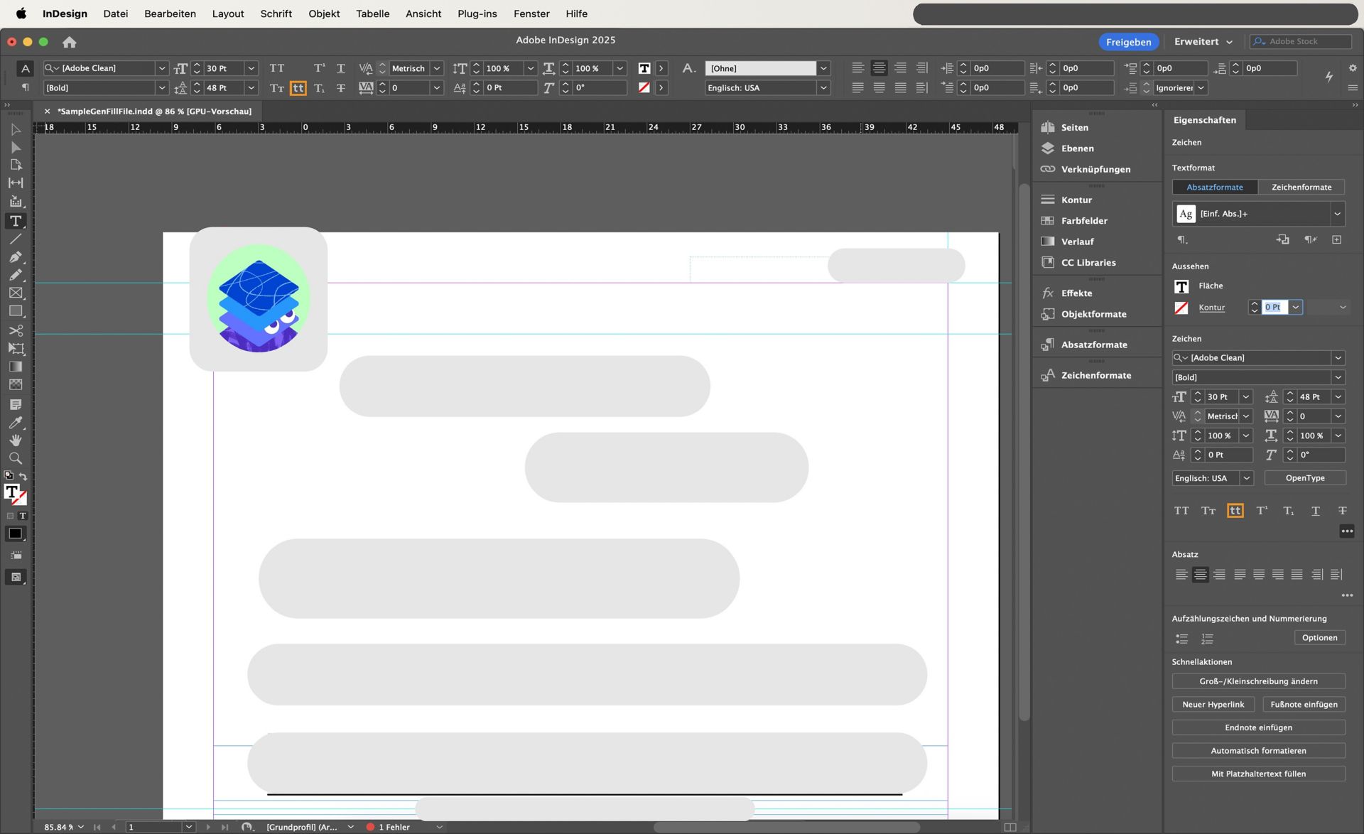 Option „Kleinbuchstaben“ im Bedienfeld „Eigenschaften und Steuerung“ markiert