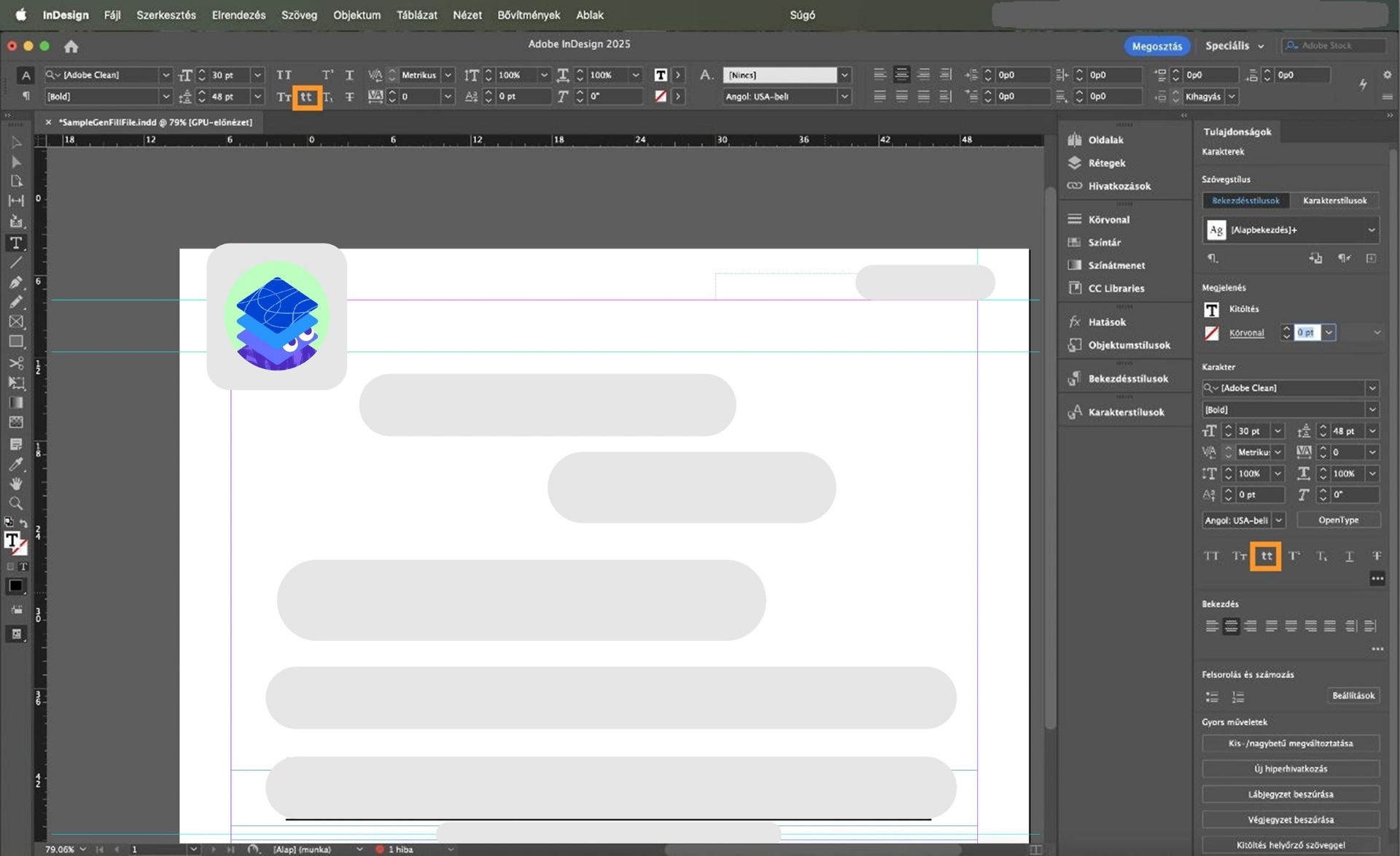 Kisbetűs beállítás kiemelve a Tulajdonságok panelen és a Vezérlőpulton