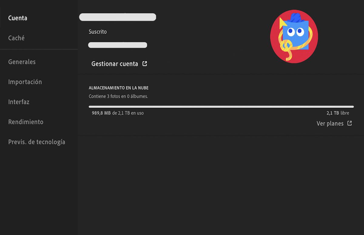 Preferencias de Cuenta en Lightroom