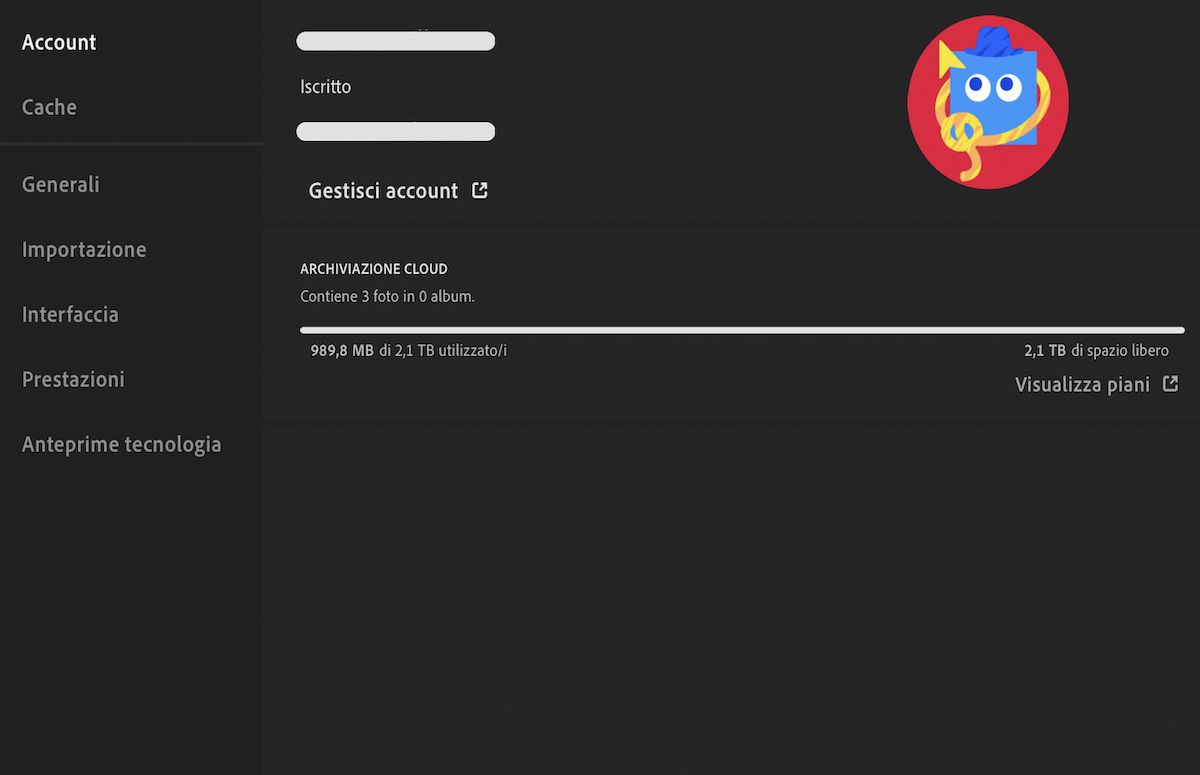 Preferenze Account in Lightroom