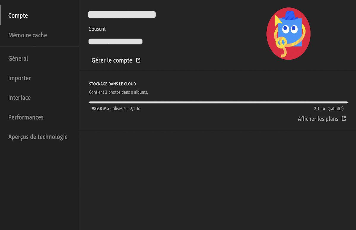 Préférences de compte dans Lightroom