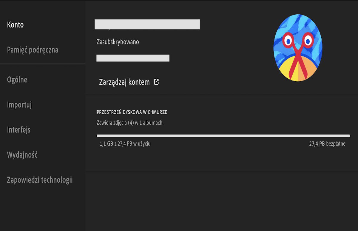 Preferencje dotyczące konta w aplikacji Lightroom