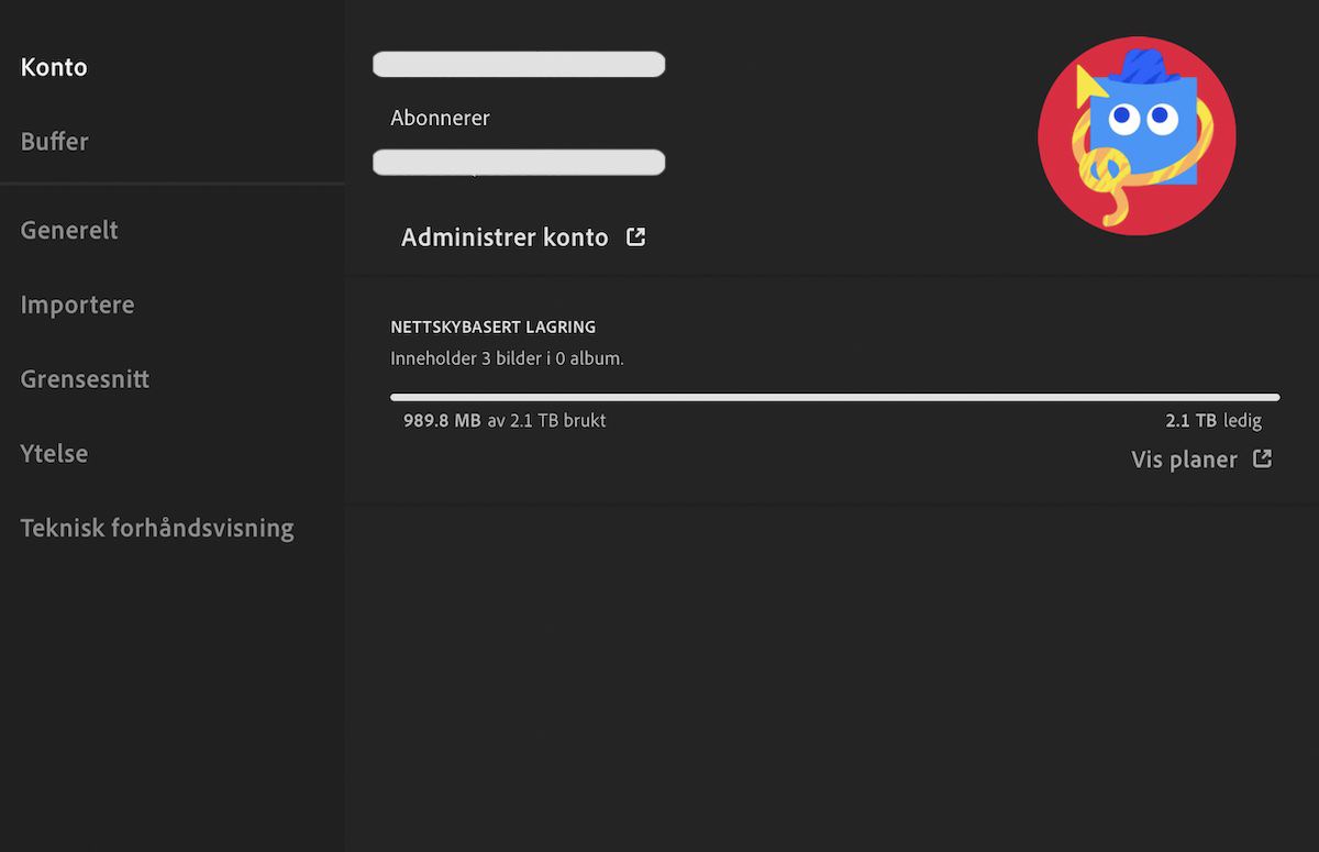 Kontopreferanser i Lightroom