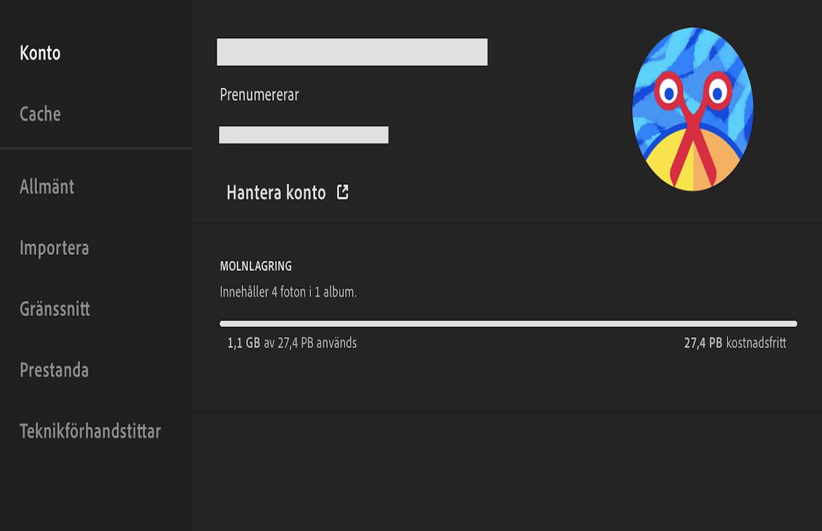 Kontoinställningar i Lightroom