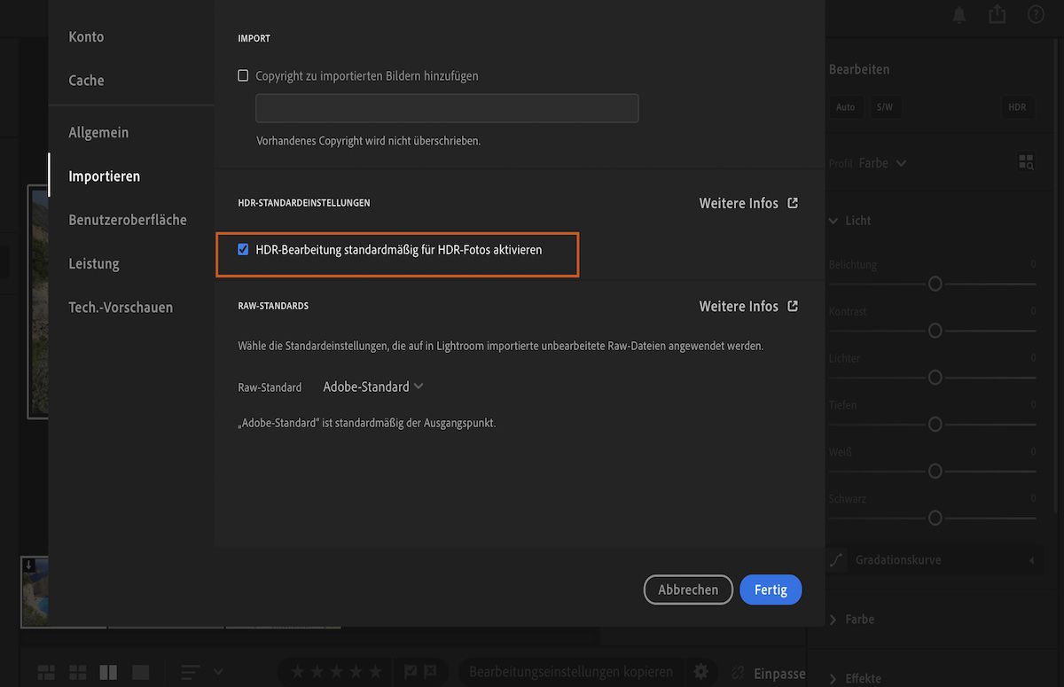 Importiere Voreinstellungen ins Voreinstellungsbedienfeld von Lightroom, um beispielsweise HDR zu aktivieren und mehr.