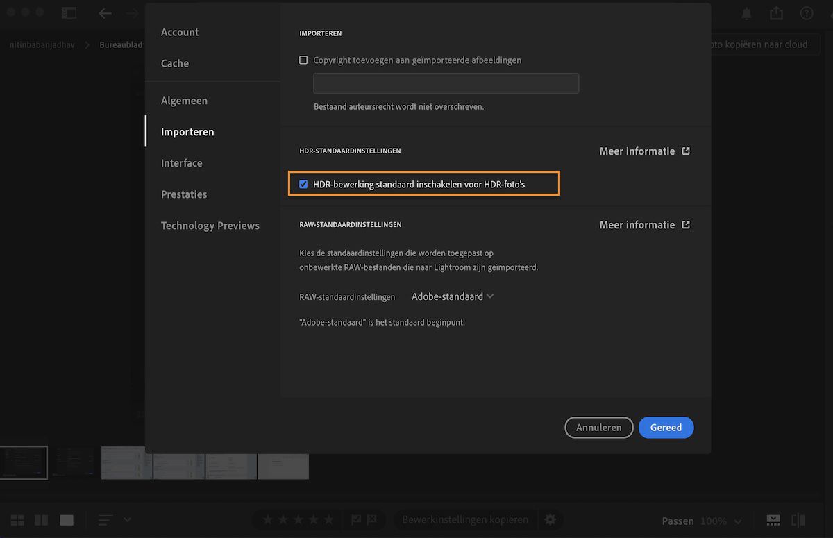 Met voorkeuren voor importeren in het deelvenster Voorkeuren in Lightroom kunt u HRD en meer inschakelen.