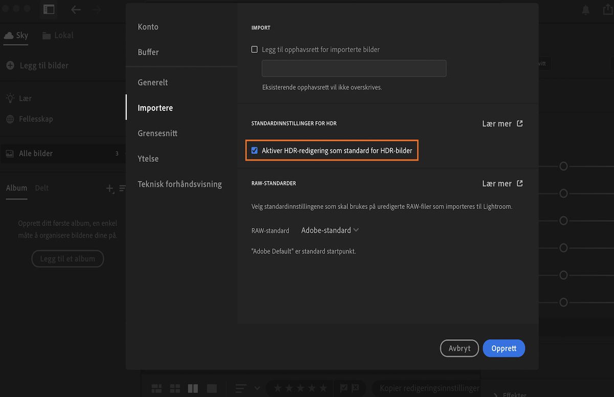 Importpreferanse i preferansepanelet i Lightroom, som brukes for å aktivere HDR med mer.