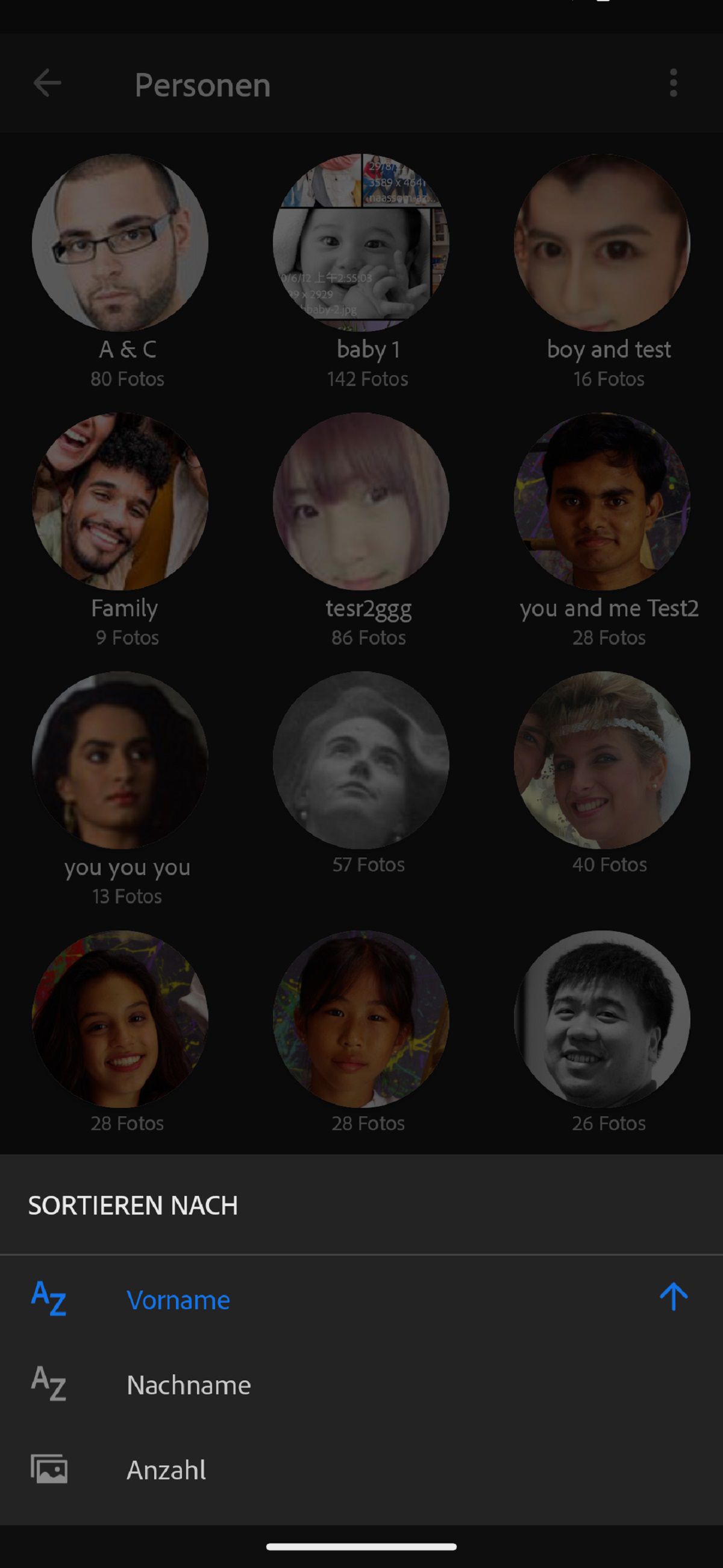 Sortieroptionen in der Personen-Ansicht