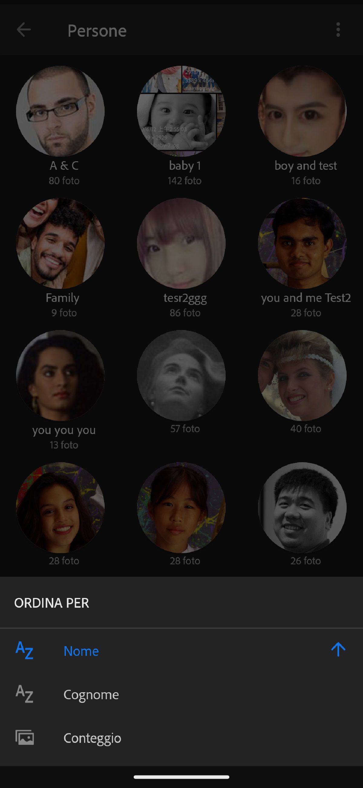 Opzioni di ordinamento nella vista Persone