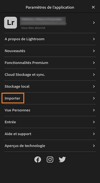 Capture d’écran du bouton Importer dans les paramètres de l’application