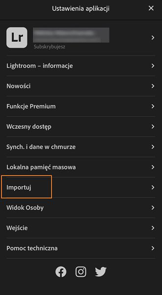 Zrzut ekranu przycisku importowania ustawień aplikacji