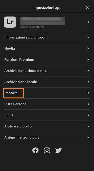 Schermata del pulsante Importazione in Impostazioni app