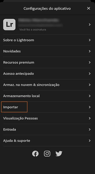 Captura de tela do botão de importação de configurações do aplicativo