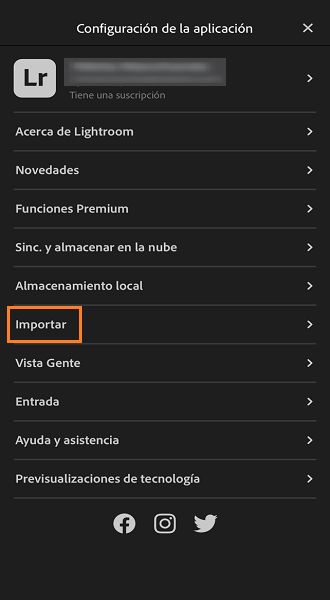 Captura de pantalla del botón Importar de Configuración de la aplicación