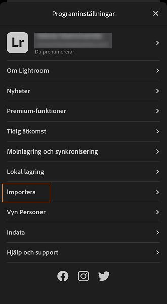 Skärmbild av importknappen i appinställningar