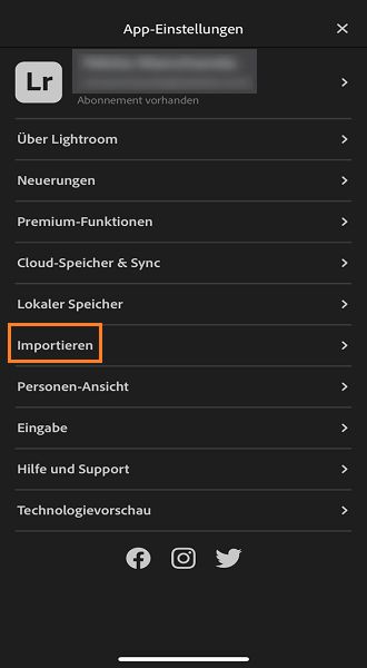 Screenshot der Importschaltfläche in den App-Einstellungen