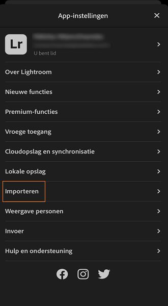 Screenshot van de knop Importeren in de App-instellingen