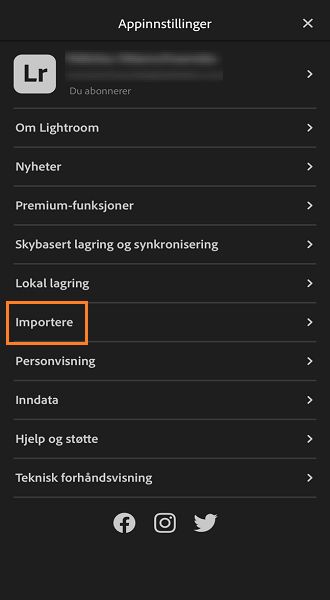 Skjermbilde av importknappen i Appinnstillinger