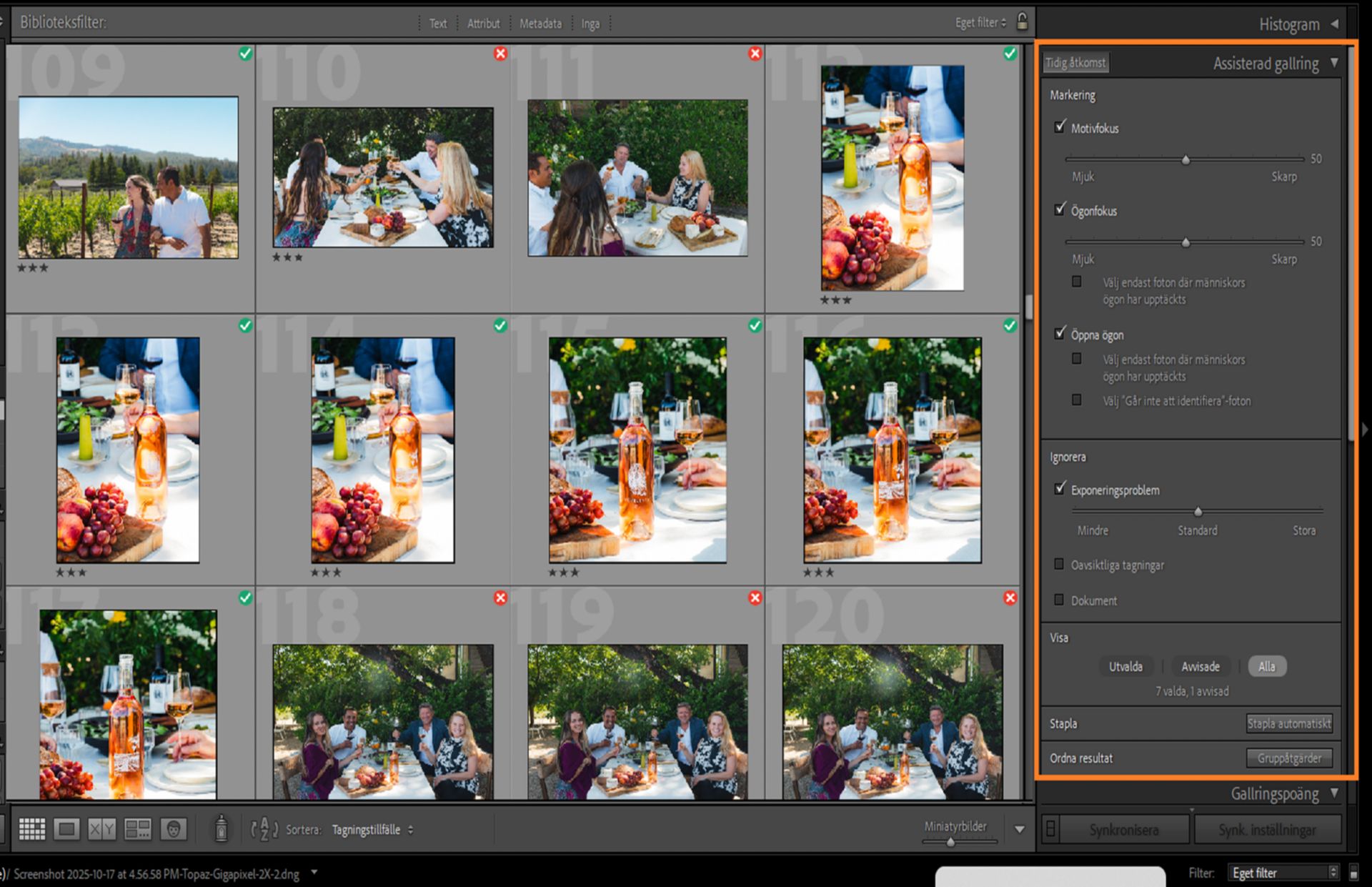 Användargränssnitt för Assisterad gallring i Lightroom Classic för att sortera de bästa fotona från en stor uppsättning foton. 