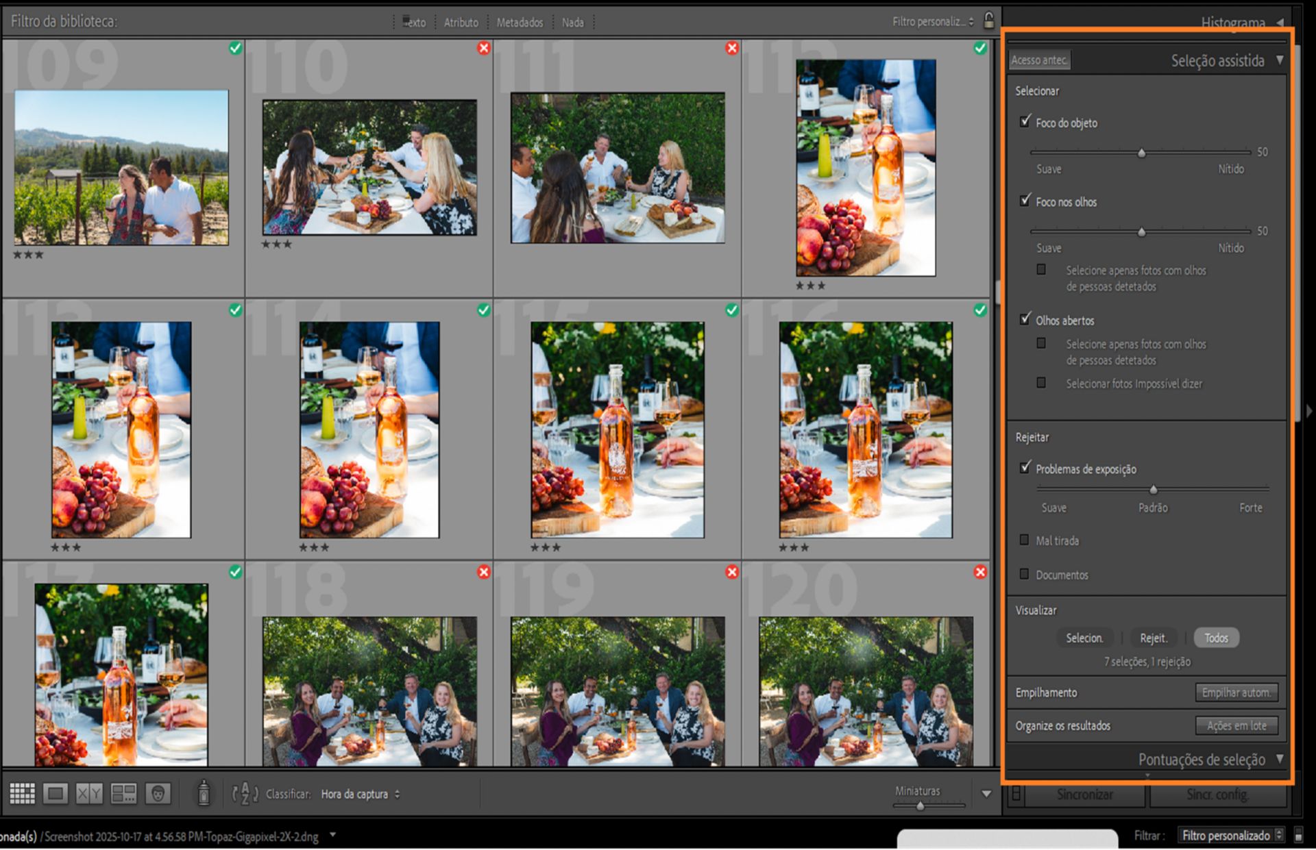 Interface do usuário do Seleção assistida no Lightroom Classic para classificar as melhores fotos de um grande conjunto de fotos. 