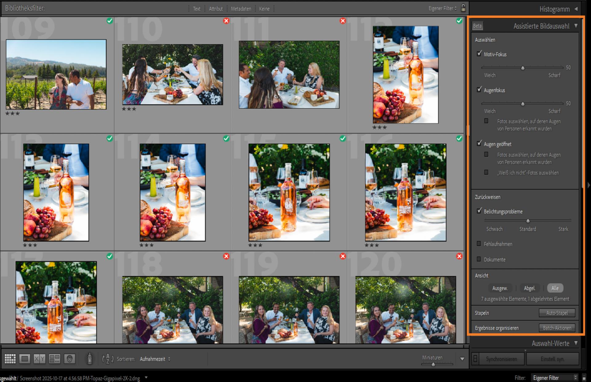 Benutzeroberfläche der assistierten Bildauswahl in Lightroom Classic zum Sortieren der besten Fotos aus einer großen Menge von Fotos. 