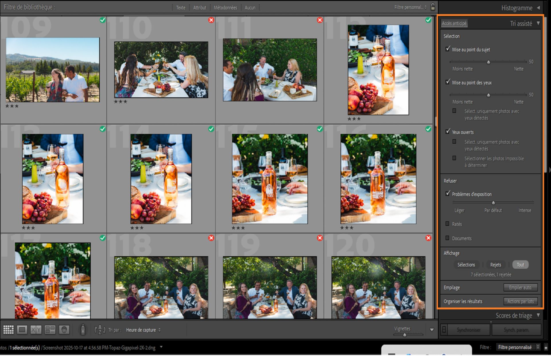 Interface utilisateur du Tri assisté dans Lightroom Classic pour trier les meilleures photos parmi un grand nombre de clichés. 