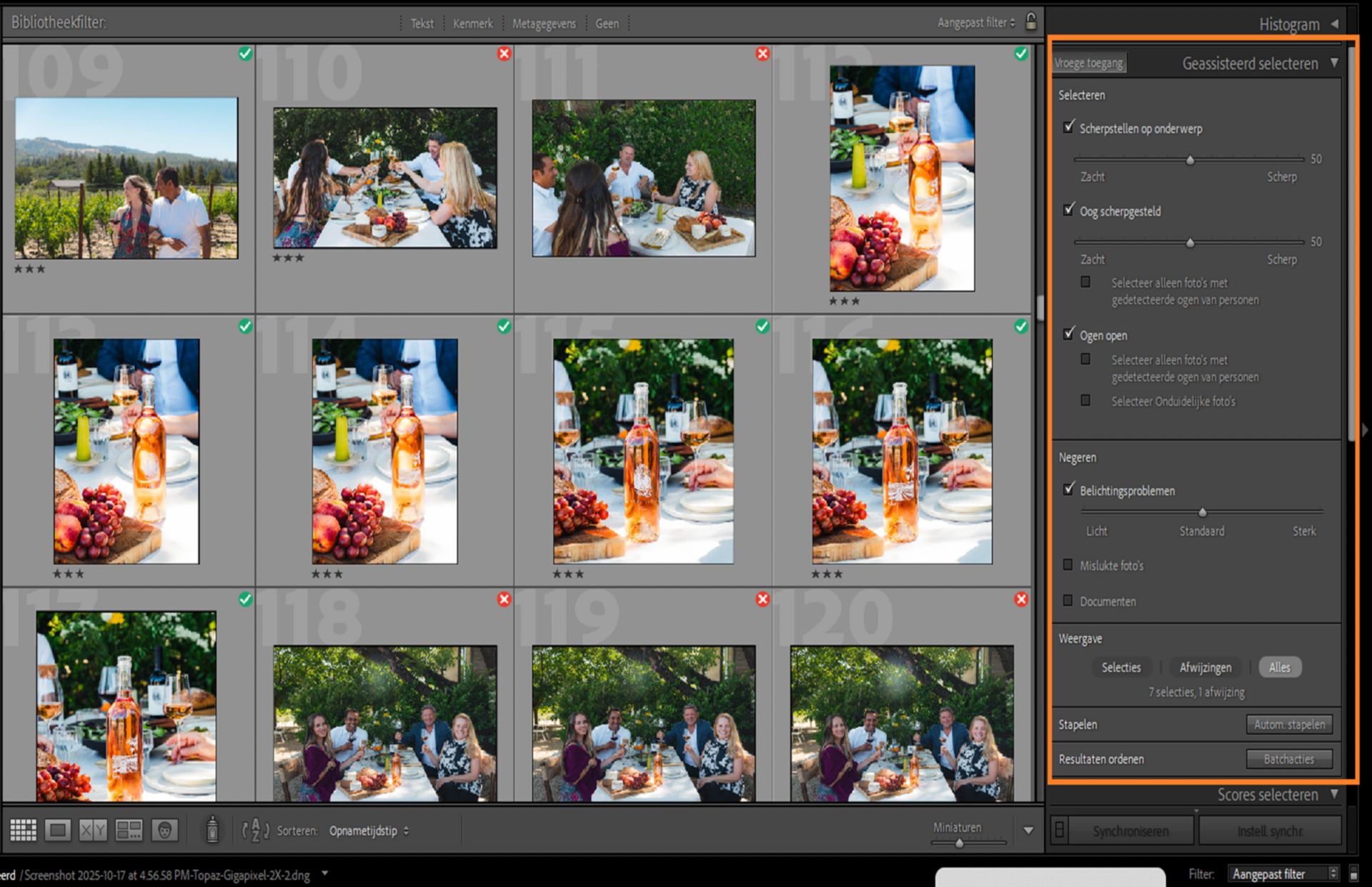 Gebruikersinterface van geassisteerd selecteren in Lightroom Classic om de beste foto's te sorteren uit een grote verzameling foto's. 