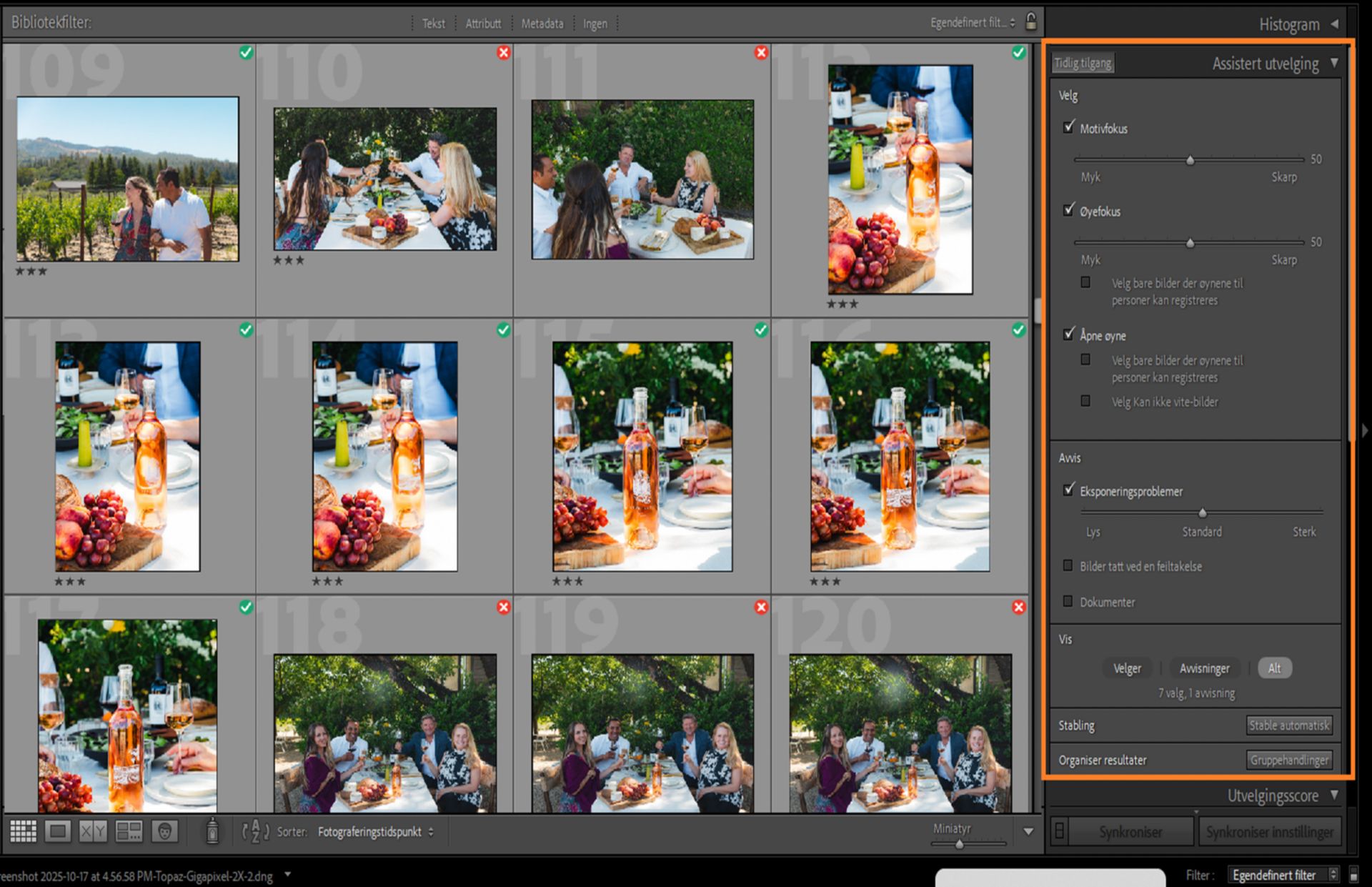 Brukergrensesnitt for Assistert utvelging i Lightroom Classic for å sortere de beste bildene fra et stort sett med bilder. 
