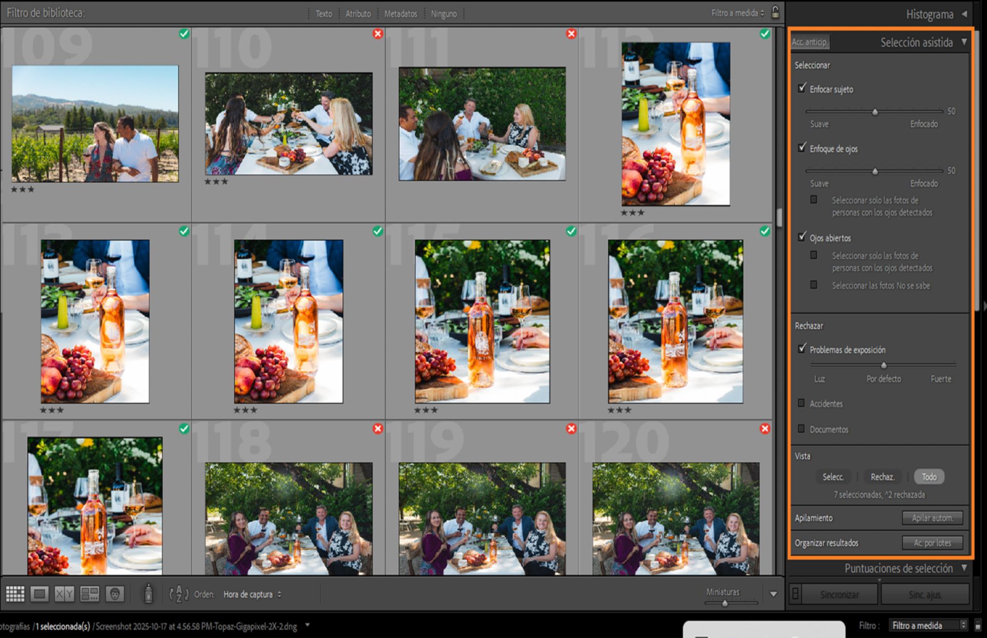 Interfaz de usuario de Selección asistida en Lightroom Classic para clasificar las mejores fotos de un gran conjunto. 