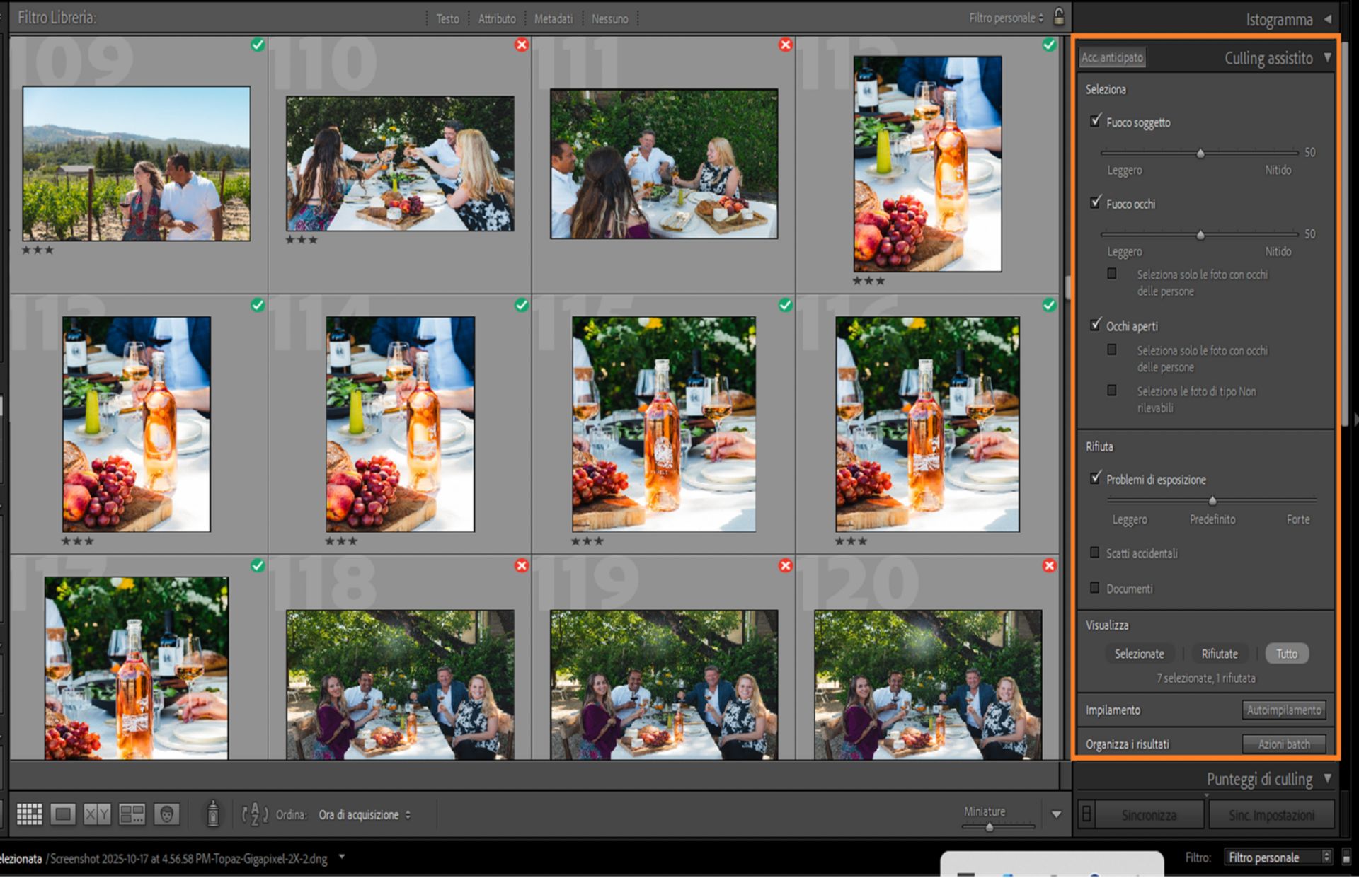 Interfaccia della funzione Culling assistito in Lightroom Classic per ordinare le foto migliori da un grande gruppo di foto. 