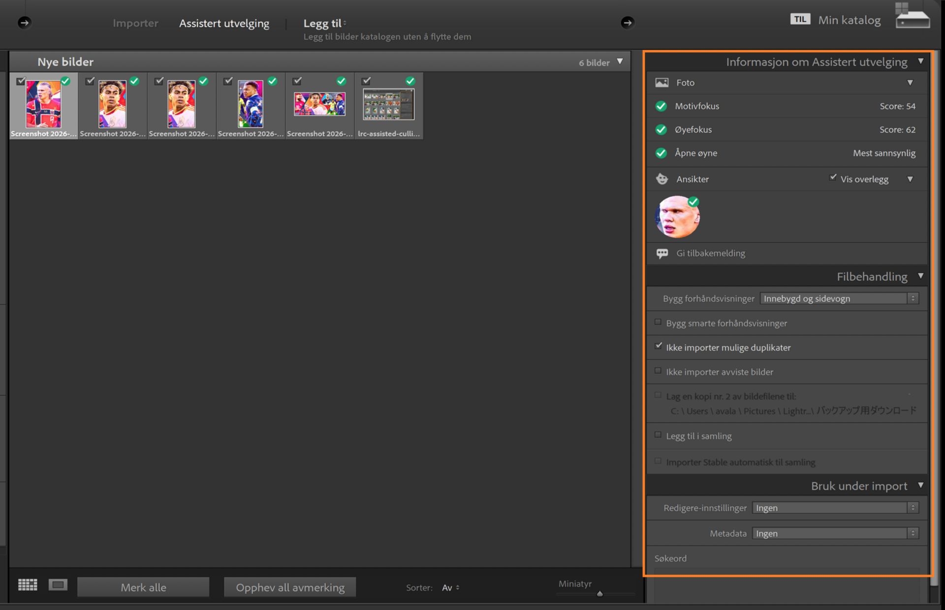 Lightroom Classic Import-vindu som viser Assistert utvelging Info med ansiktsgjenkjenning og øyefokus-poeng for fotovalg.