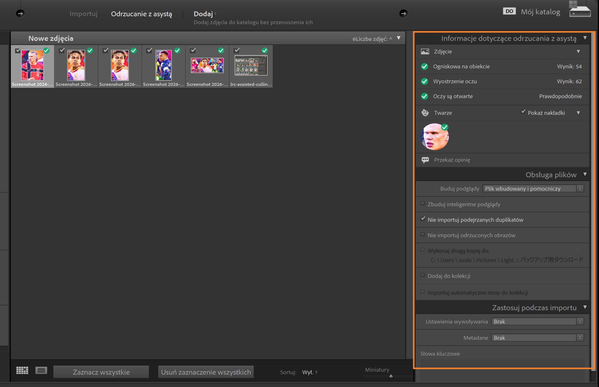 Okno importu Lightroom Classic pokazujące informacje o odrzucaniu z asystą z wynikami wykrywania twarzy i ostrości oczu do wyboru zdjęć.