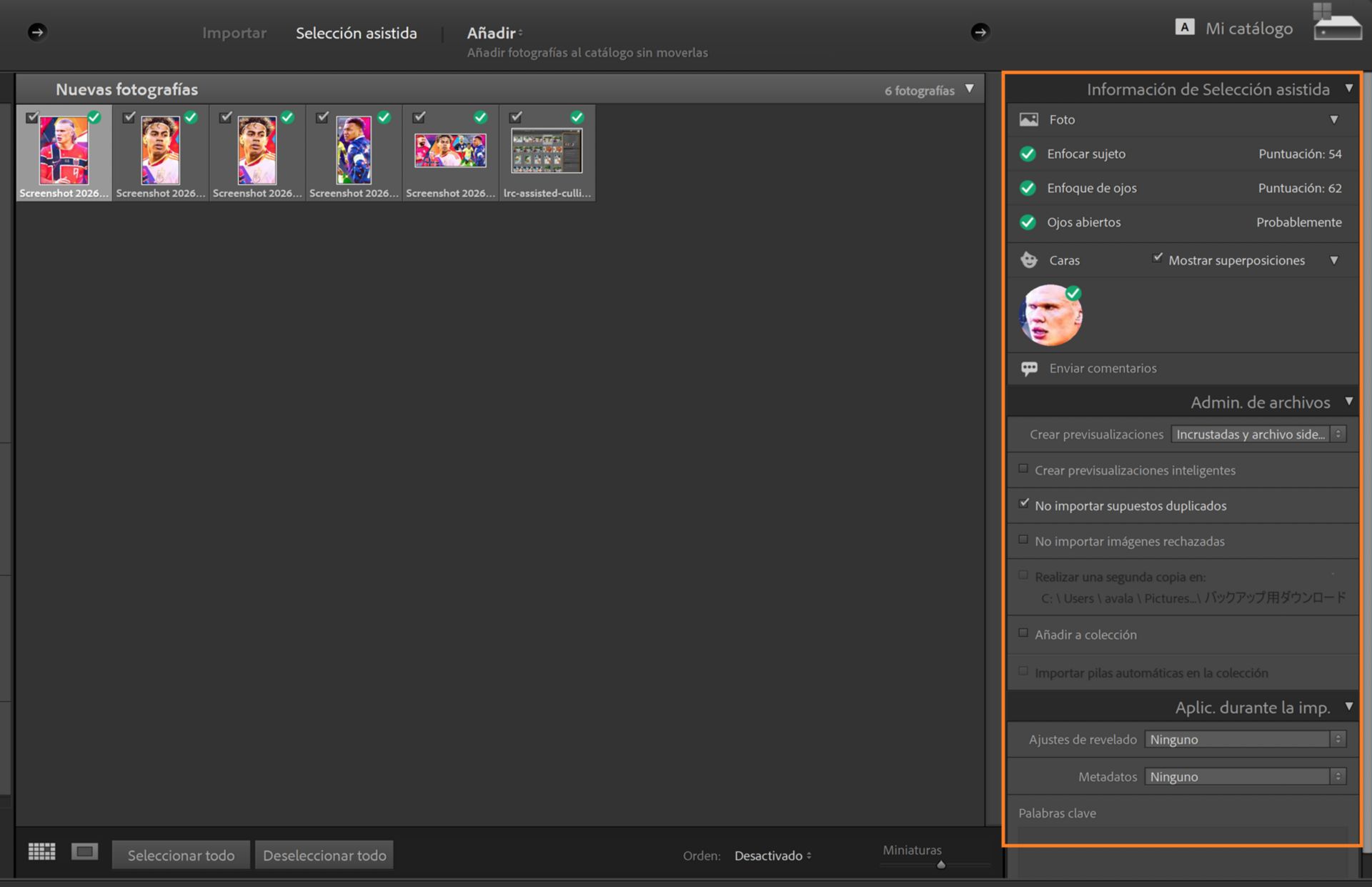 Ventana de importación de Lightroom Classic que muestra la información de selección asistida con puntuaciones de detección de rostros y enfoque de ojos para la selección de fotos.
