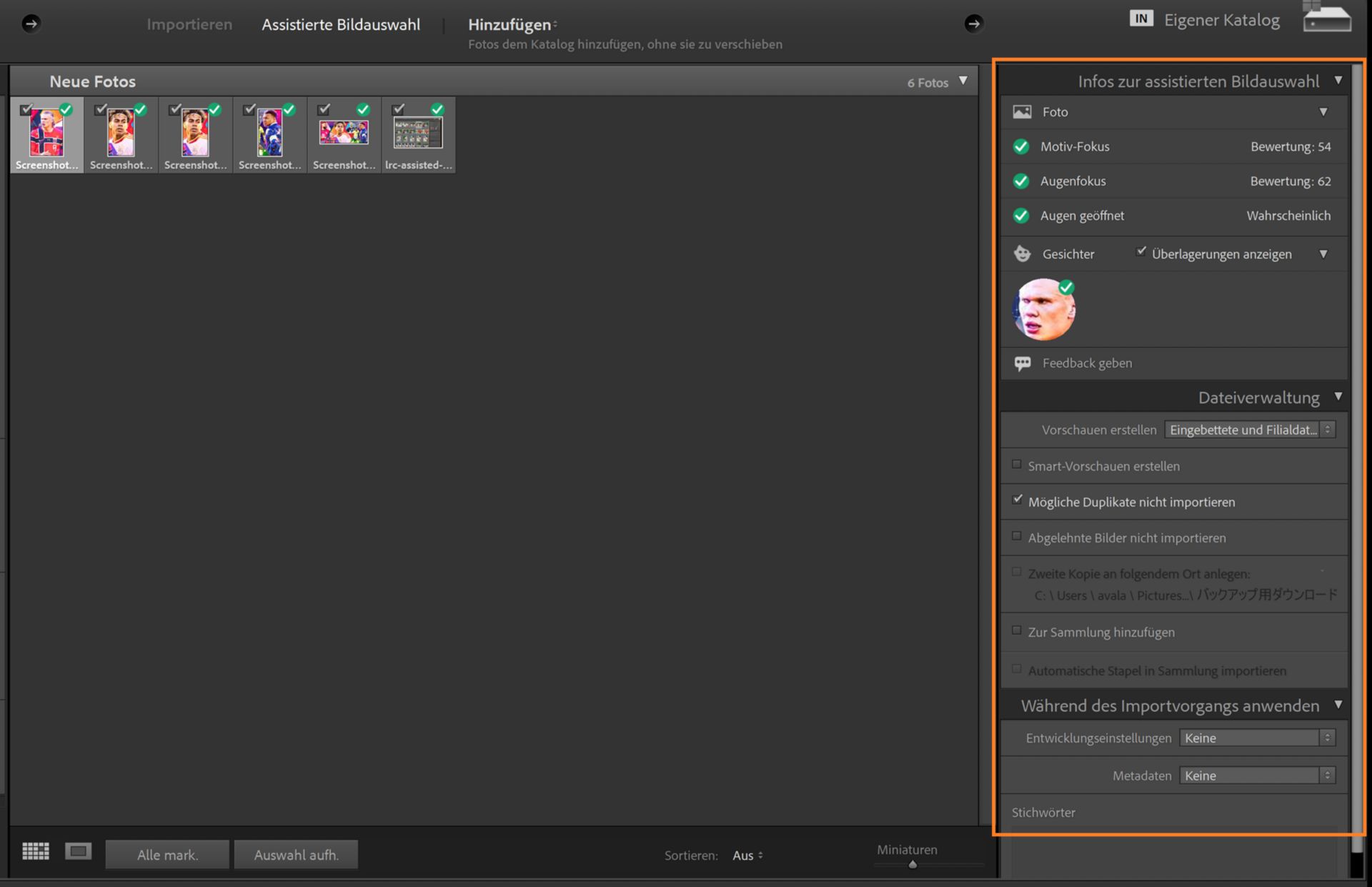 Lightroom Classic Import-Fenster zeigt Informationen zur assistierten Bildauswahl mit Gesichtserkennung und Augenfokus-Bewertungen für ausgewählte Fotos.