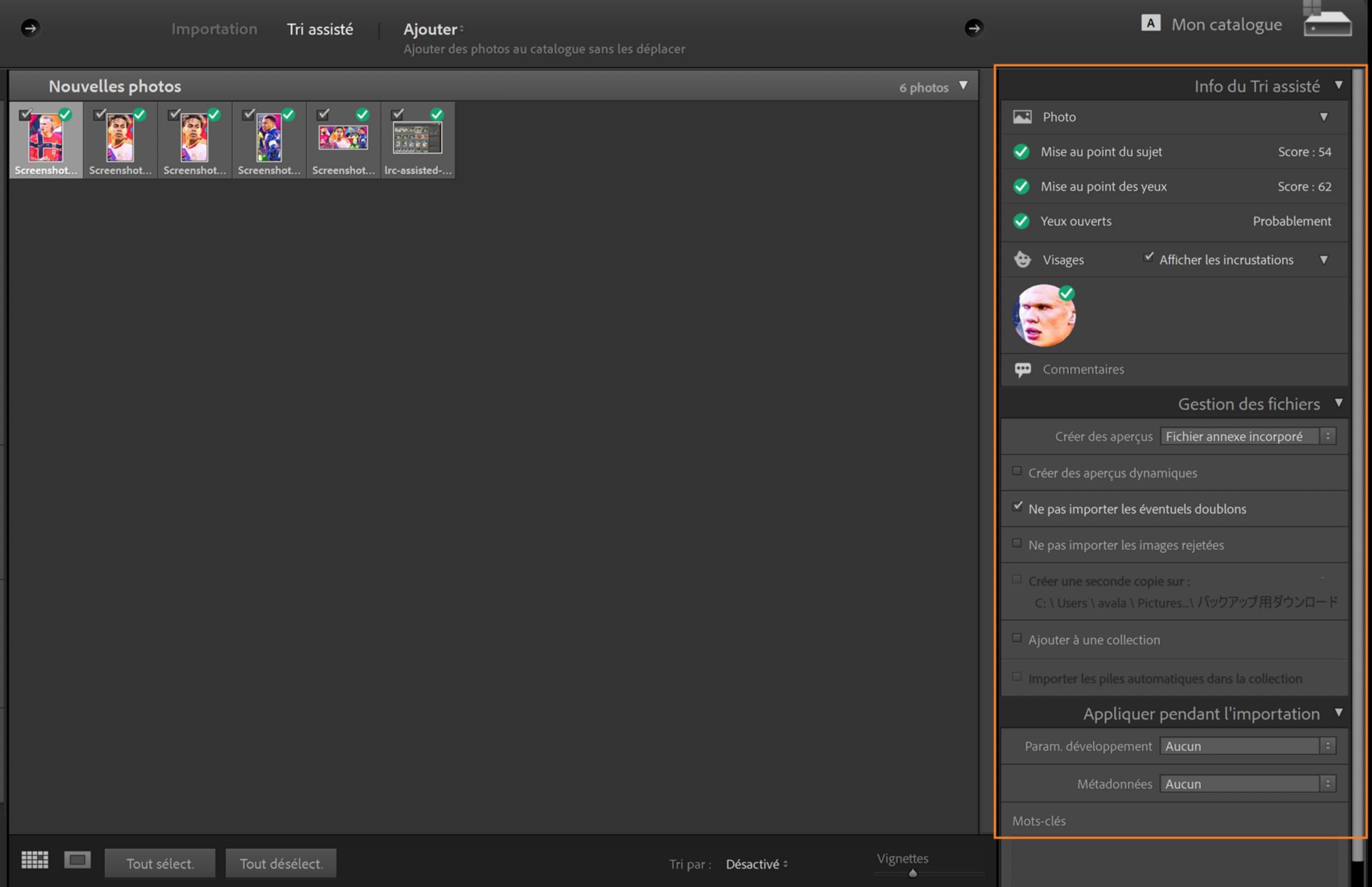 Fenêtre d’importation de Lightroom Classic affichant les infos de Tri assisté avec les scores de détection de visage et de mise au point des yeux pour la sélection de photos.