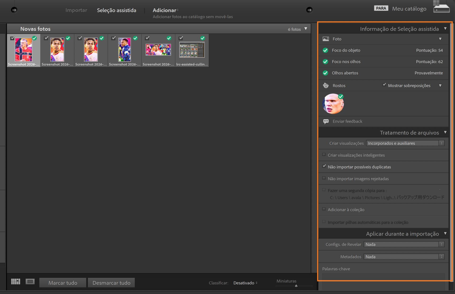 Janela de Importação do Lightroom Classic mostrando informações de seleção assistida com pontuações de detecção facial e foco nos olhos para seleção de fotos.