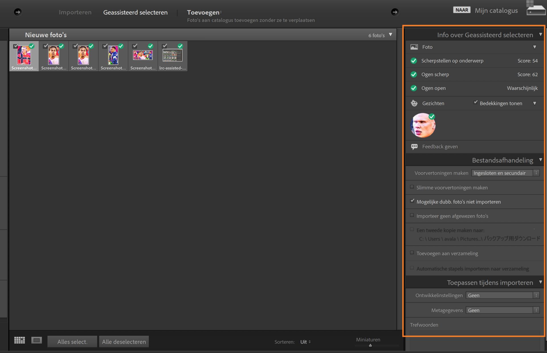 Lightroom Classic Import-venster met informatie over Geassisteerd selecteren met gezichtsdetectie en oogfocus-scores voor fotoselectie.
