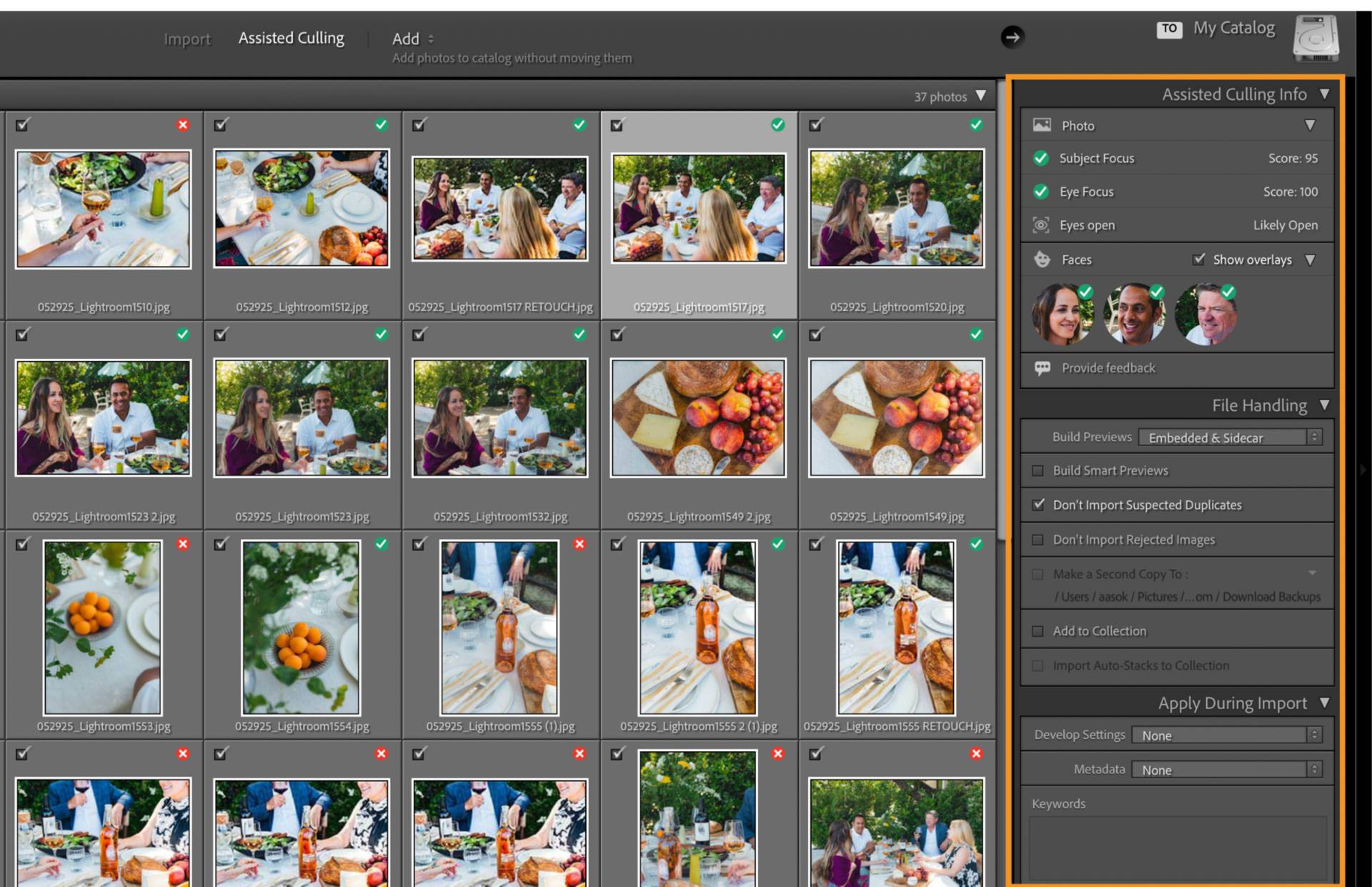 Lightroom Classic Import window showing Assisted Culling Info with face detection and eye focus scores for photo selection.