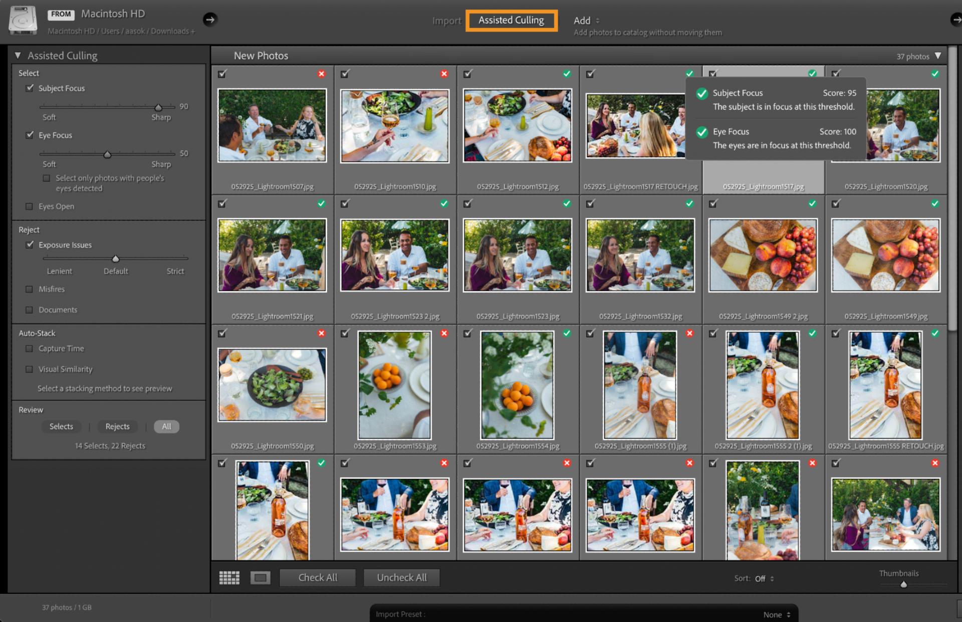 UI of Assisted Culling in Lightroom Classic to sort the best photos from a large set of photos. 