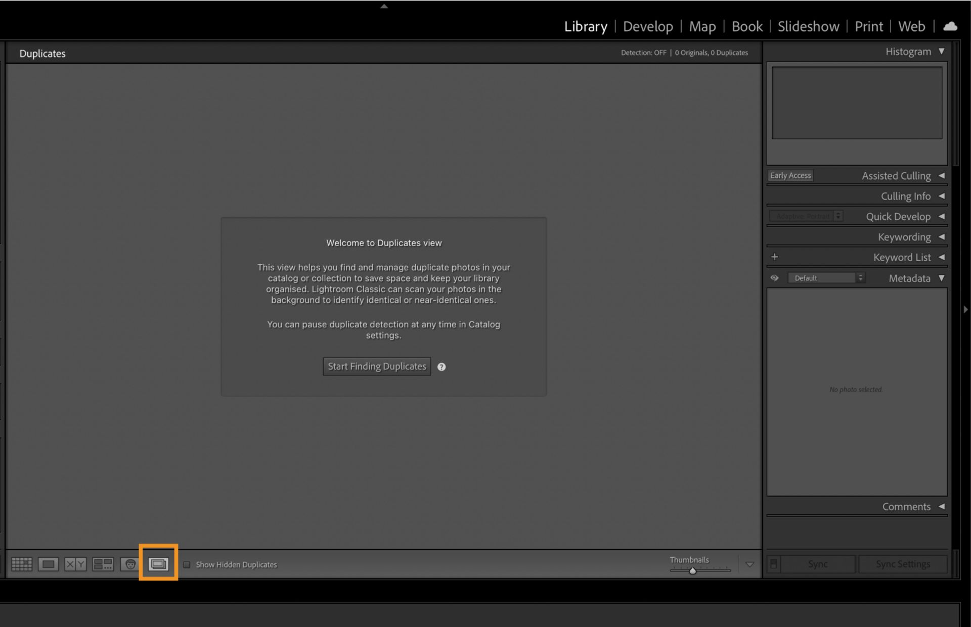 Представление «Дубликаты» в Lightroom Classic показывает две идентичные фотографии рядом и выбранный значок «Дубликаты» на панели инструментов.