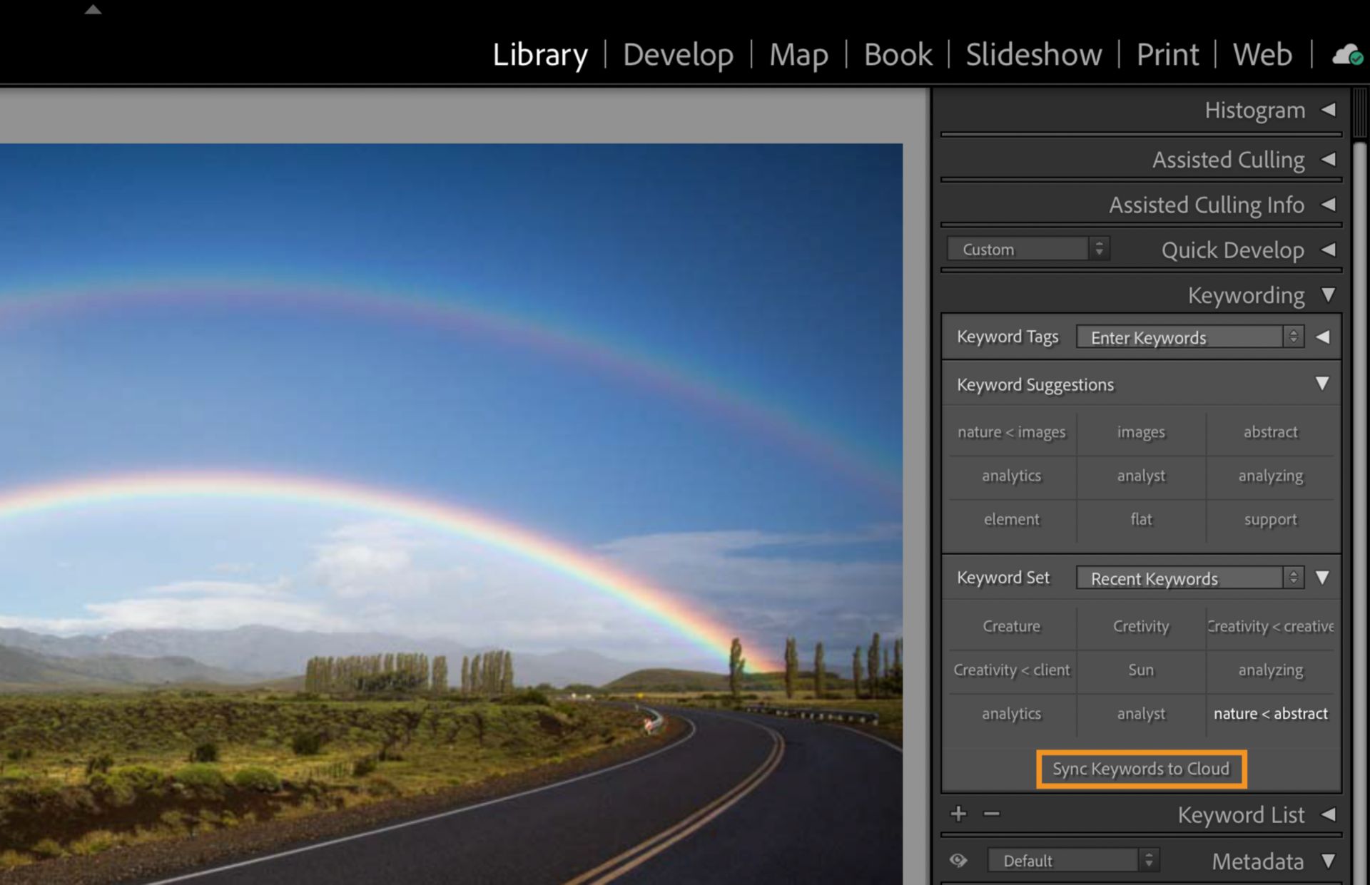 Панель ключевых слов Lightroom Classic, показывающая опцию «Синхронизировать ключевые слова в облако» для обеспечения доступности ключевых слов фотографий в настольных, веб-версиях и мобильных приложениях Lightroom.