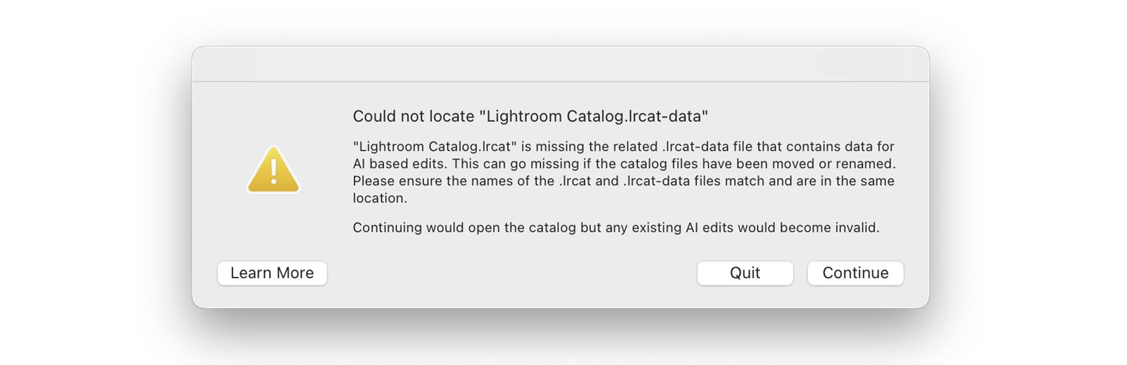 Error message: Could not locate ‘Lightroom Catalog.lrcat-data’.