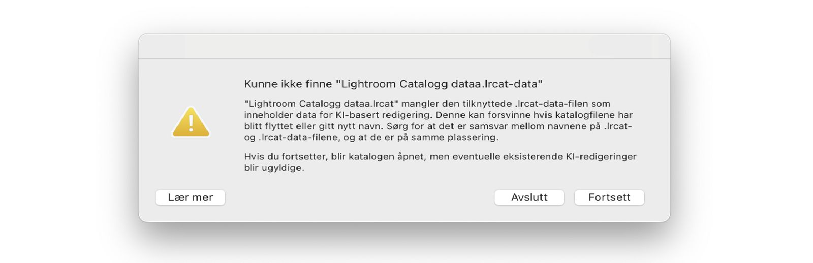 Feilmelding: Kunne ikke finne Lightroom Catalog.lrcat-data.