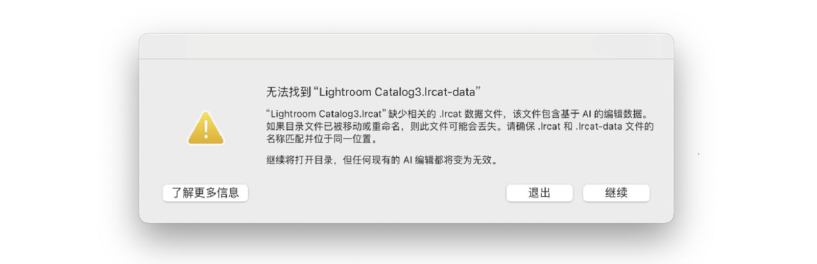 错误消息：无法找到“Lightroom Catalog.lrcat-data”。