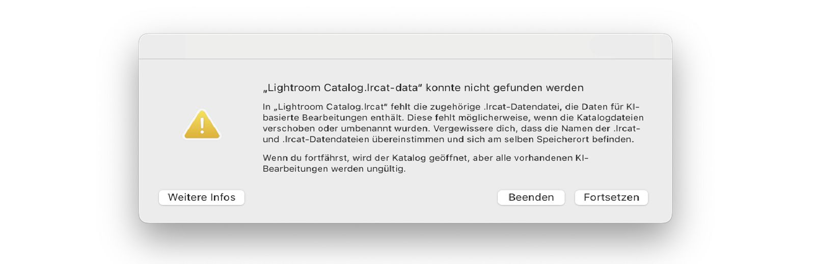 Fehlermeldung: „Lightroom Catalog.lrcat-data“ konnte nicht gefunden werden.