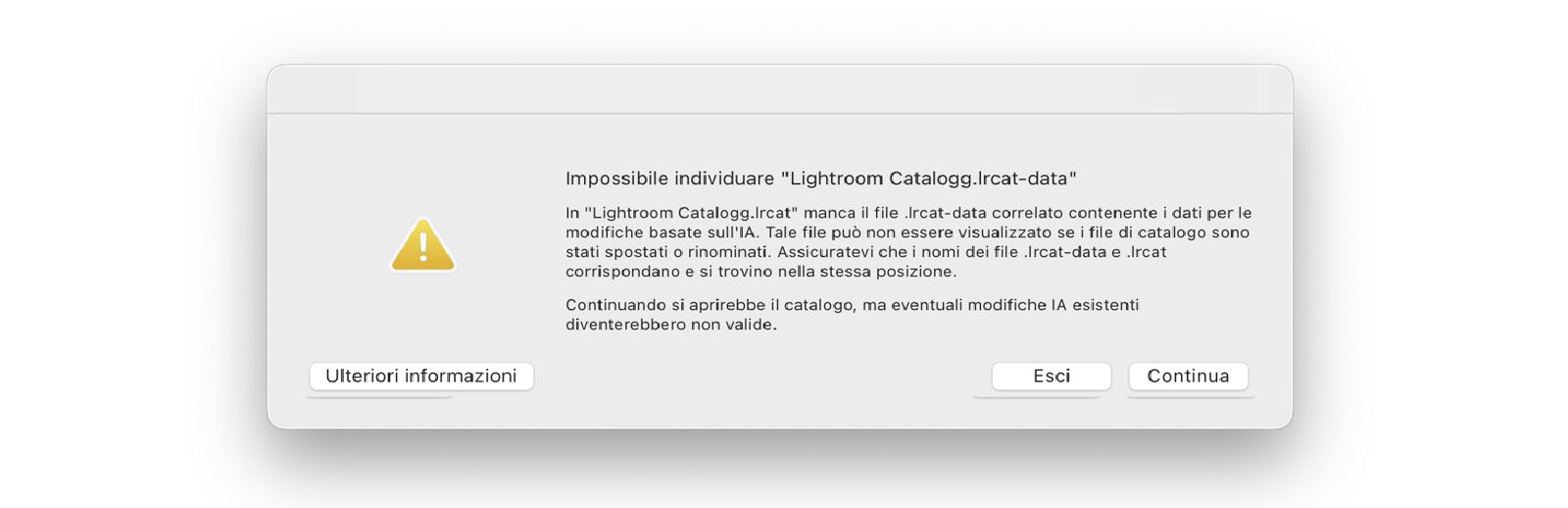Messaggio di errore: Impossibile individuare &quot;Lightroom Catalog.lrcat-data&quot;.