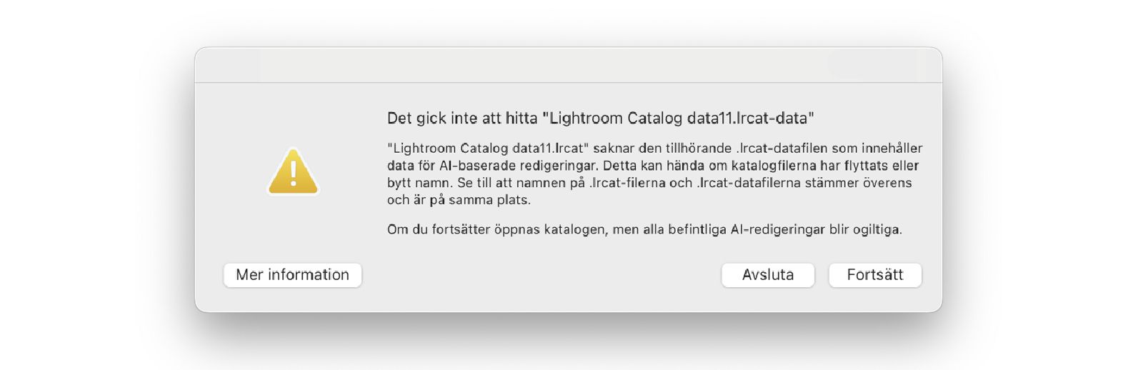 Felmeddelande: Det gick inte att hitta ”Lightroom Catalog.lrcat-data”.