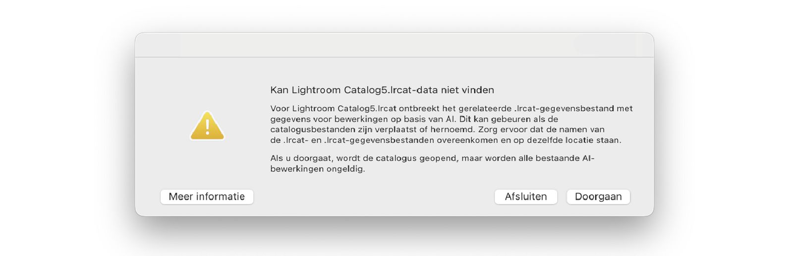 Foutbericht: 'Kan Lightroom Catalog.lrcat-gegevens' niet vinden.