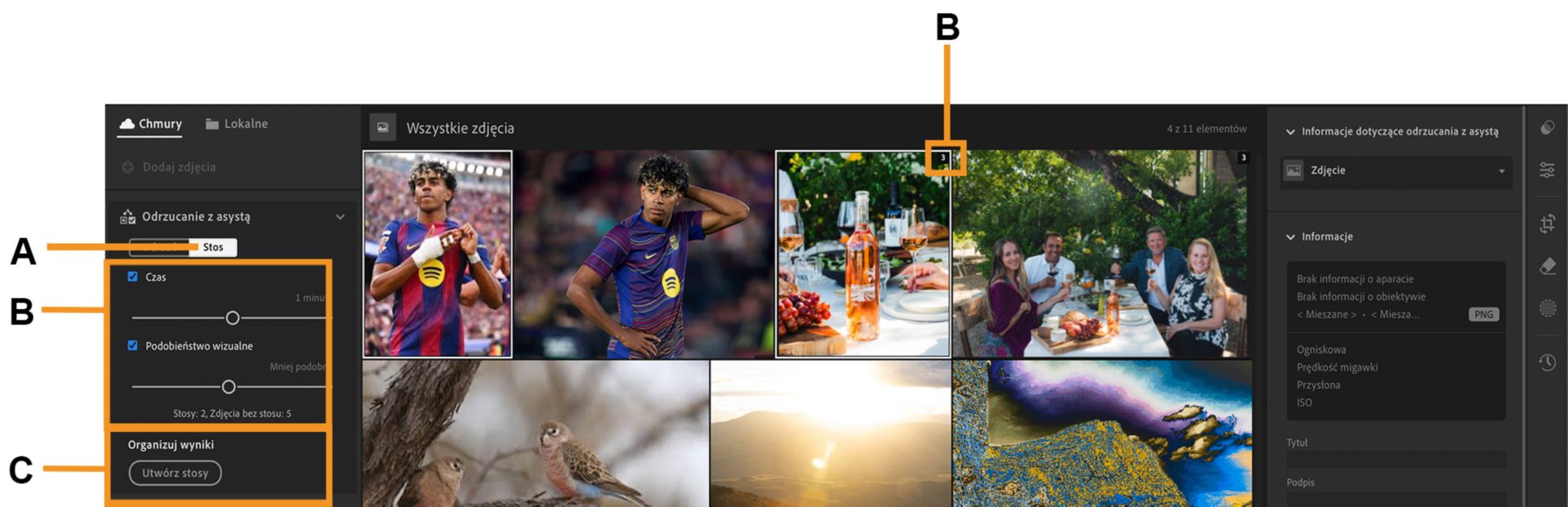 W obszarze roboczym lightroom otwarto album ze zdjęciami dzieci, gdzie wyróżniona jest funkcja Stosy.